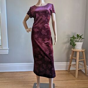 Vintage 90s Lisa Jo Velvet Maxi Dress Glitter Floral Burgundy Whimsigoth Size 5